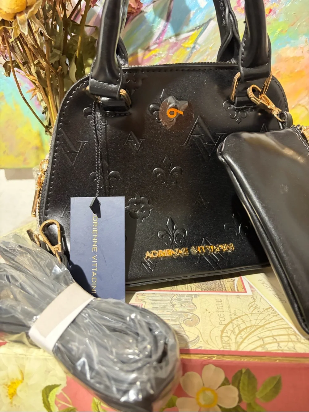 Adrienne Vittadini Black Embossed Faux Leather Dome Satchel